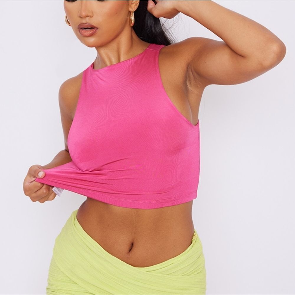 Pretty little thing Basic Hot Pink Slinky Racer Crop Top Size 0 Hot Pink NWT